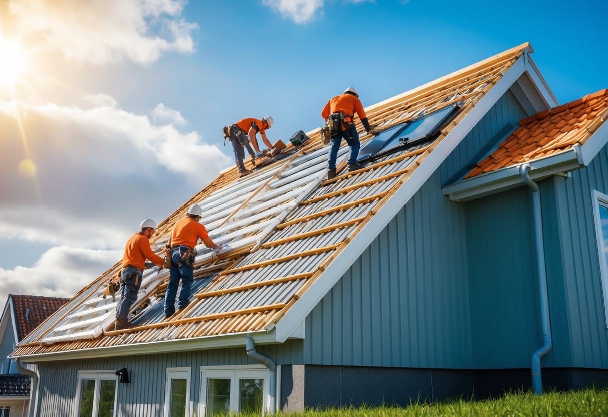 En gruppe arbejdere installerer et nyt tag på et hus i Søndersø Danmark mens solen skinner over dem